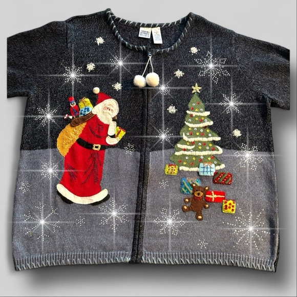 Vtg Blue Ugly Christmas Sweater Sz 1X Heavy Rhinestones Snowflakes Sparkle Santa - Picture 11 of 12